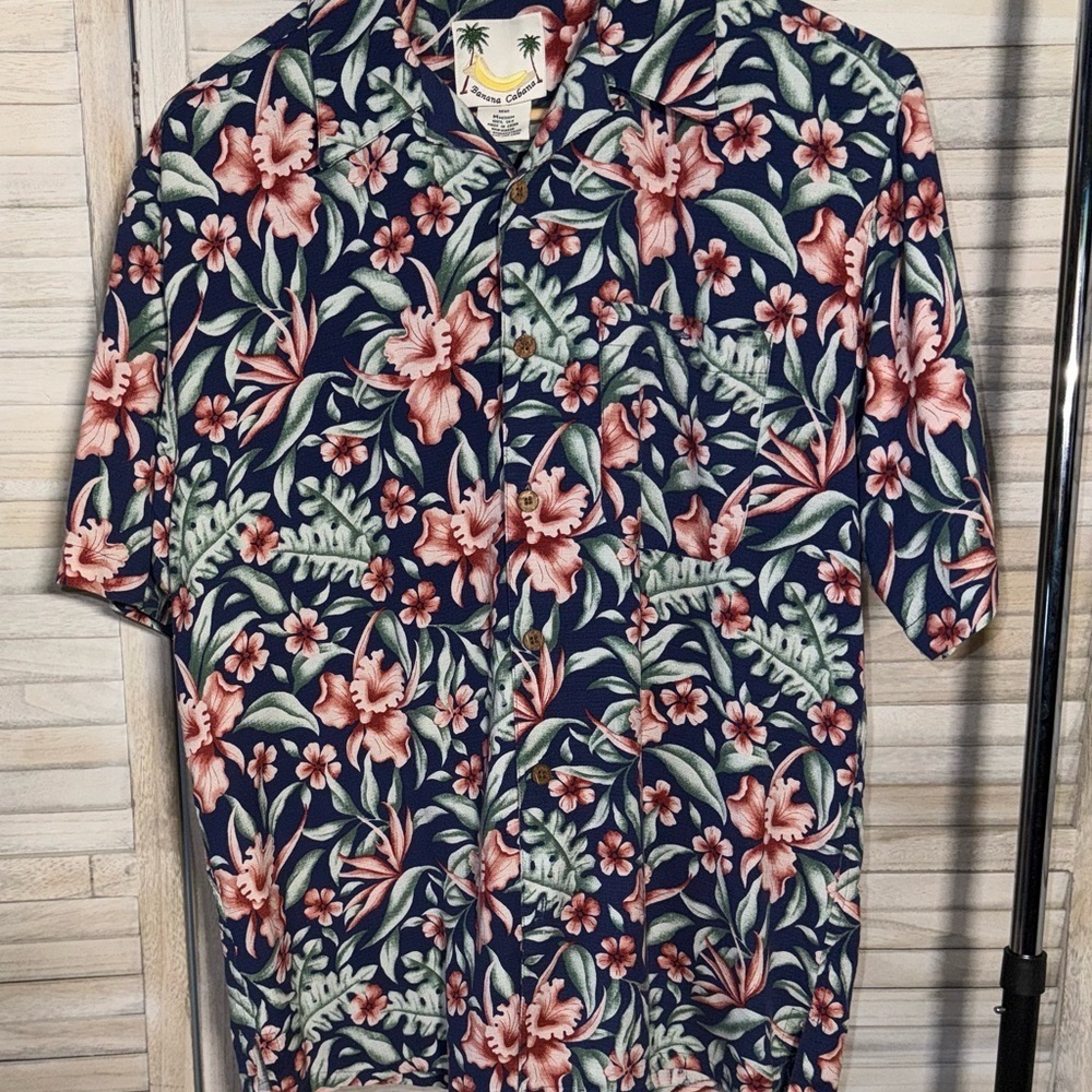 EUC | Banana Cabana | Navy Floral Men's 100% Silk Shirt - Picture 2 of 4